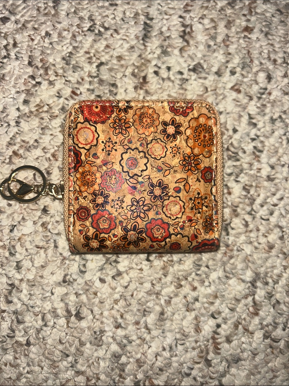 Floral Zip Card Wallet Keychain - Tan & Red Floral Print